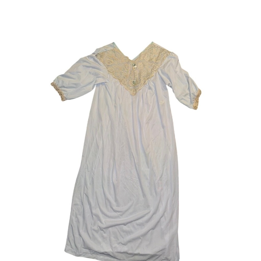 Vintage Women's Nightgown S/M Pale Baby blue  Lace Prairie Puff Sleeve
